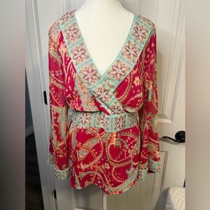 Lane Bryant Red and Blue Floral Wrap Blouse